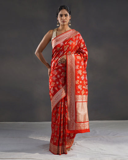 Sholay – Pure Katan Silk Banarasi Saree in Orange-Red with Meenakari Jaal