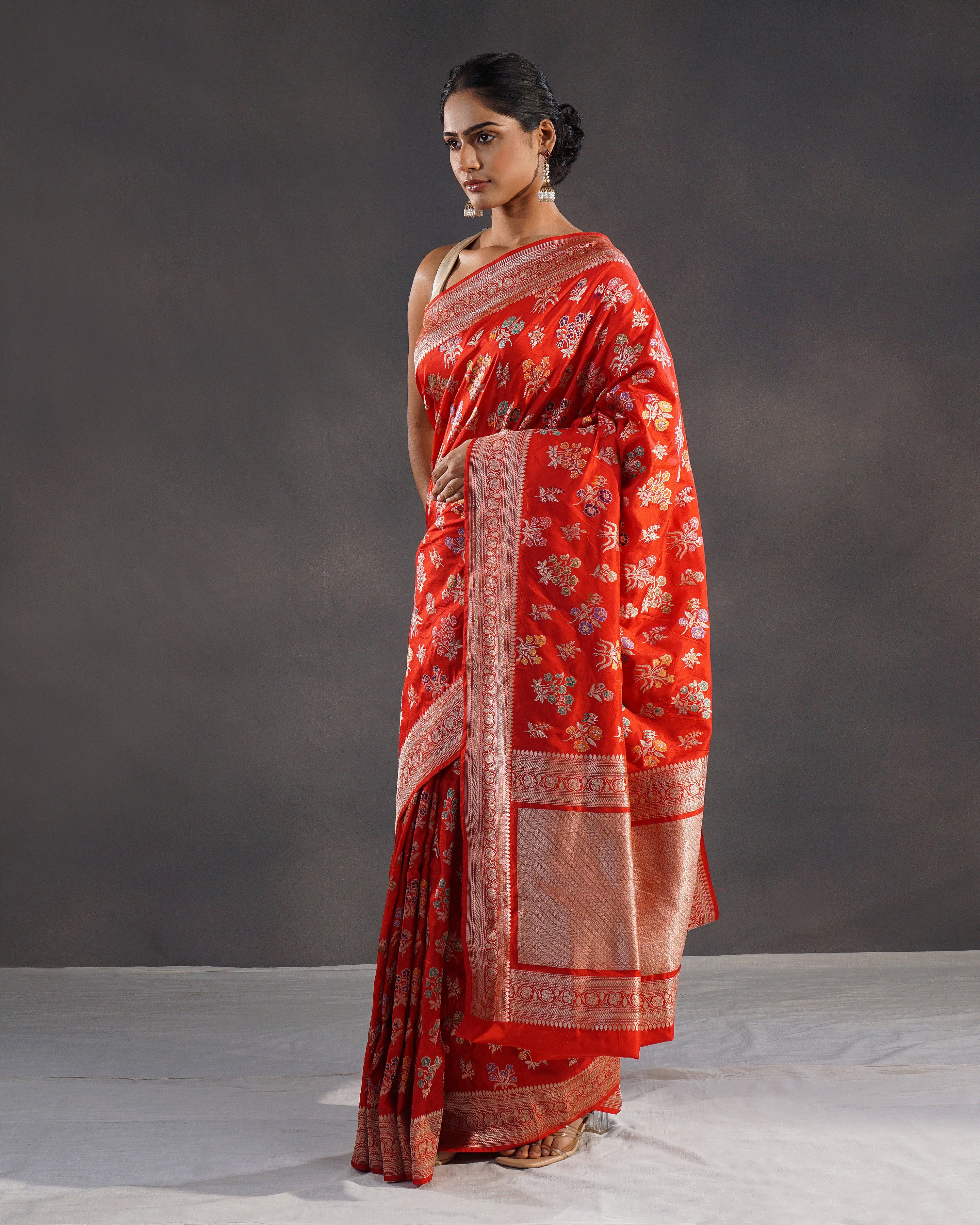 Sholay – Pure Katan Silk Banarasi Saree in Orange-Red with Meenakari Jaal