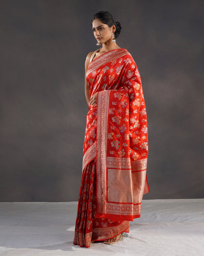 Sholay – Pure Katan Silk Banarasi Saree in Orange-Red with Meenakari Jaal