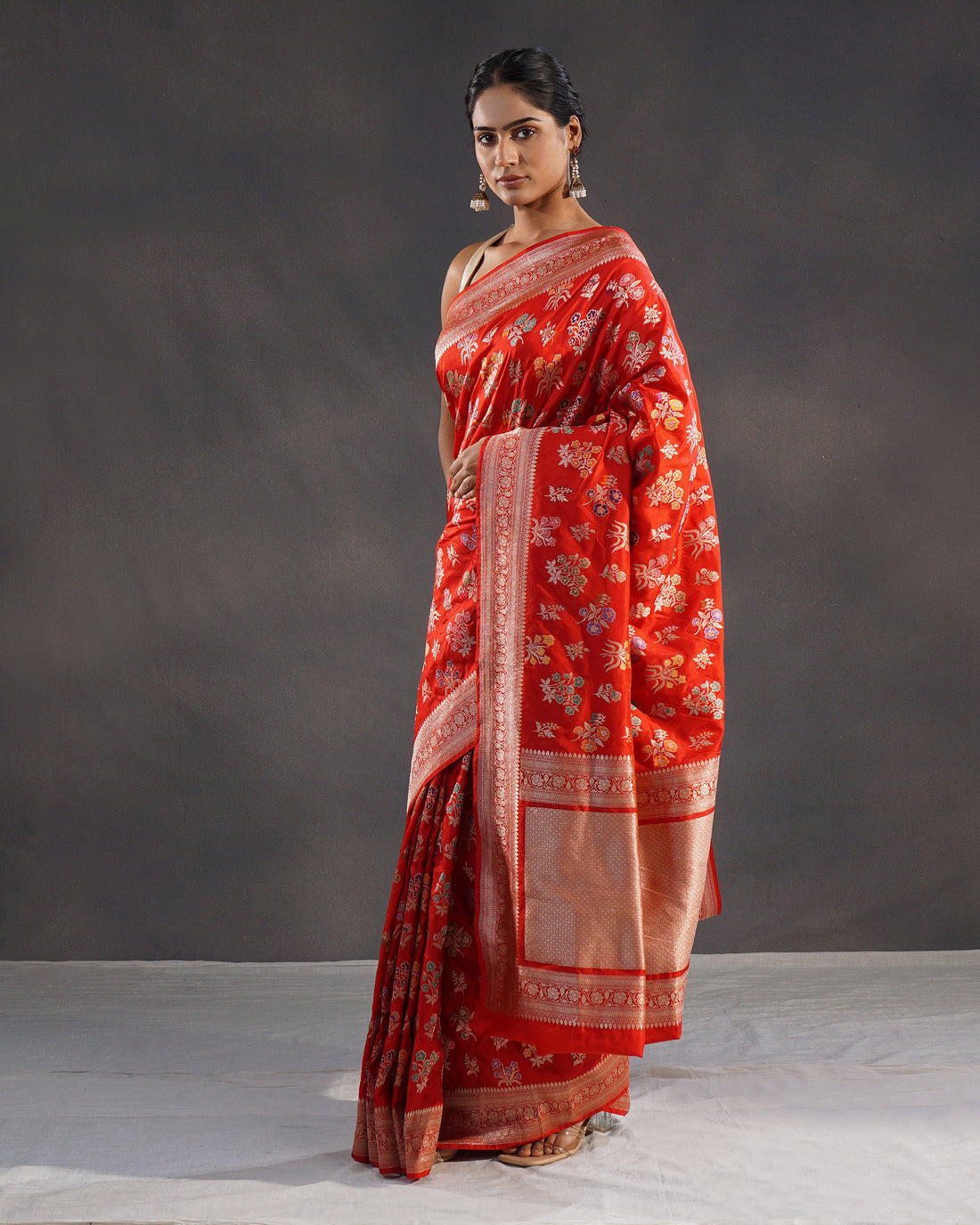 Sholay – Pure Katan Silk Banarasi Saree in Orange-Red with Meenakari Jaal