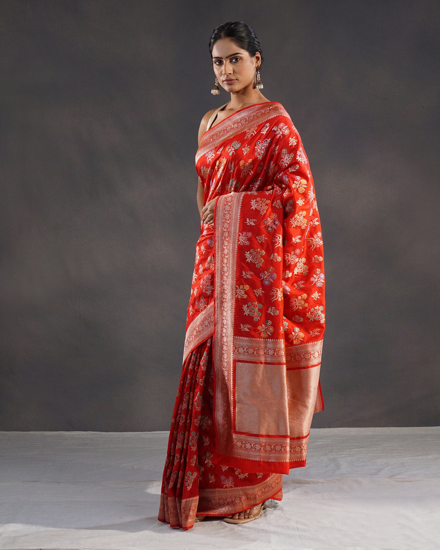 Sholay – Pure Katan Silk Banarasi Saree in Orange-Red with Meenakari Jaal