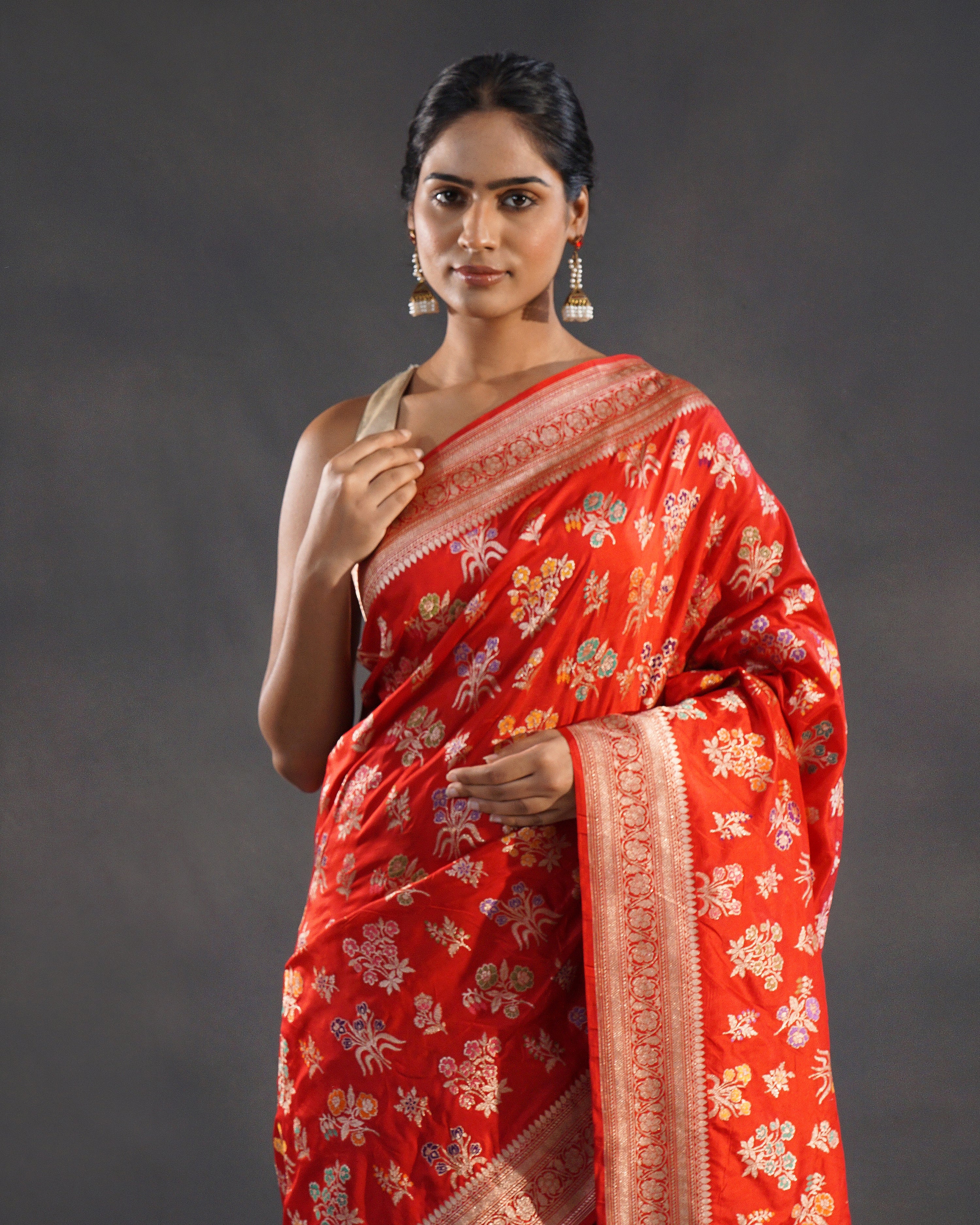 Sholay – Pure Katan Silk Banarasi Saree in Orange-Red with Meenakari Jaal