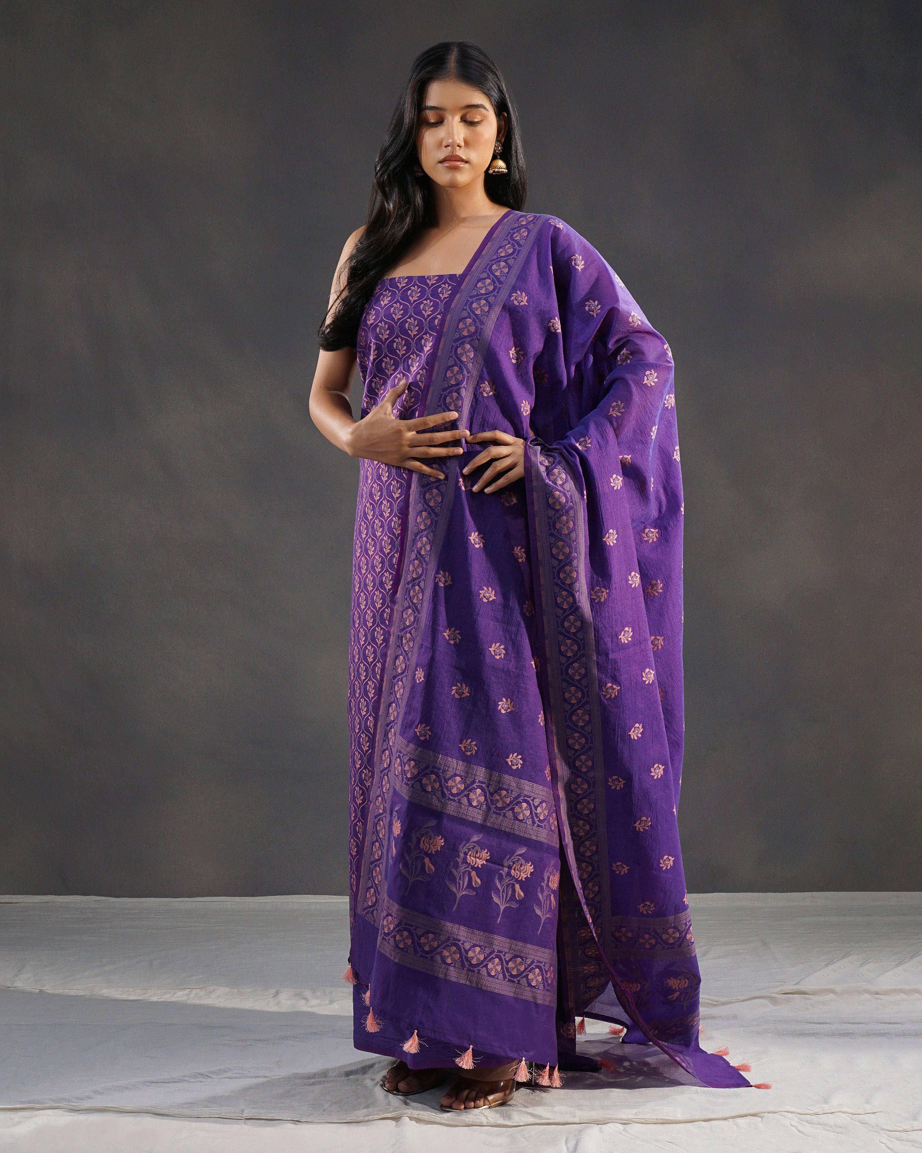 Banafsaj – Banarasi Pure Cotton Suit Set in Deep Violet with Meenakari Buti