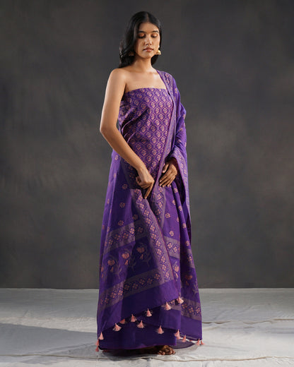 Banafsaj – Banarasi Pure Cotton Suit Set in Deep Violet with Meenakari Buti