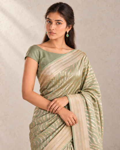 Sabzwari – Pure Katan Silk Banarasi Saree in Sage Green Leheriya Zari