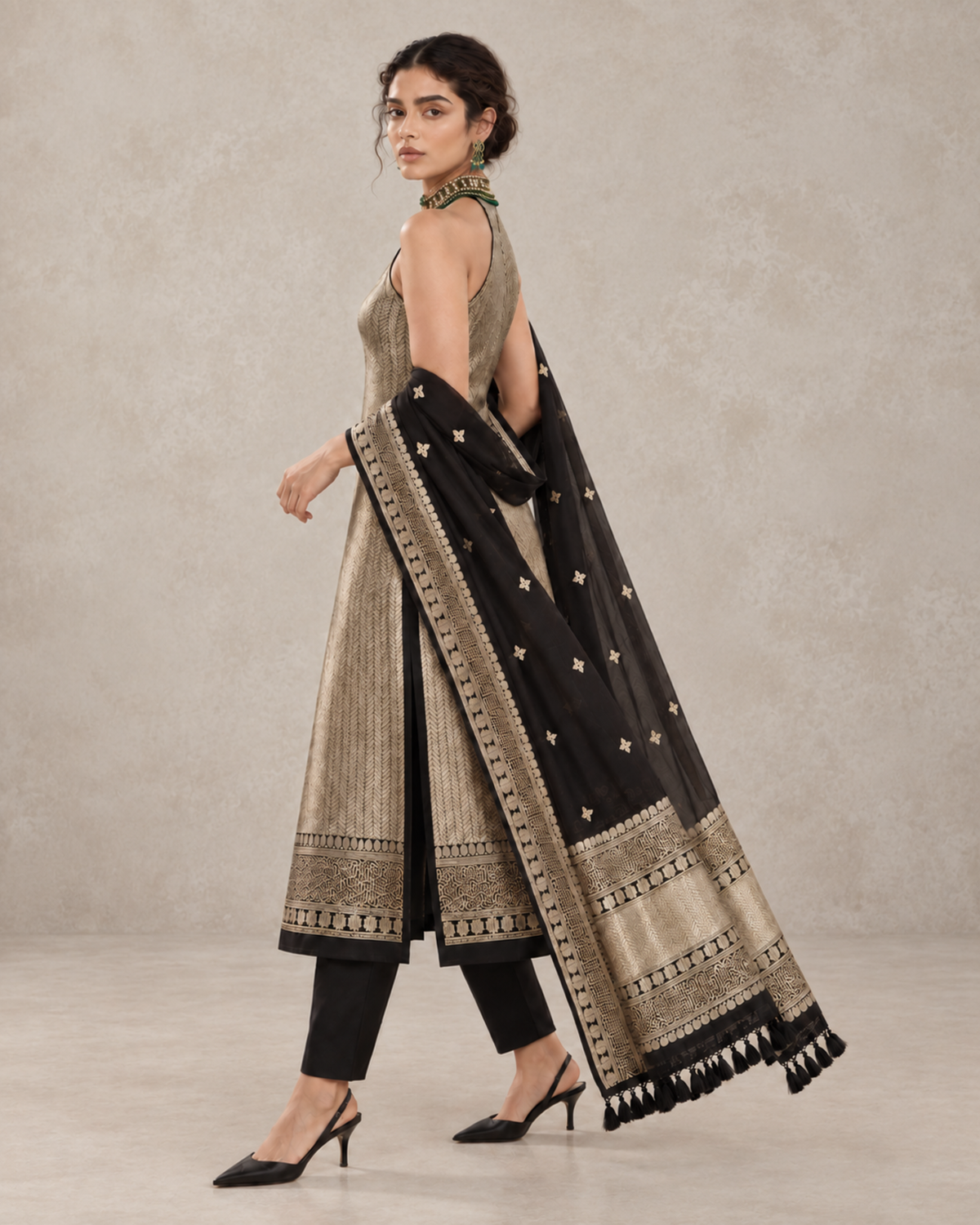Sabaa – Banarasi Khaddi Silk Suit Set in Black with Sona-Rupa Zari
