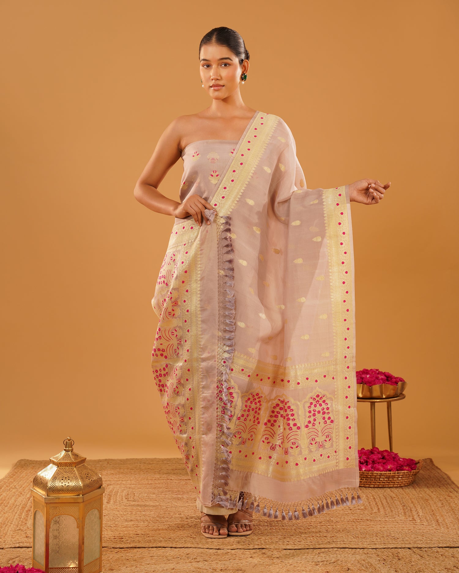 Wardah – Banarasi Organza Kora Silk Suit Set in Blush Rose &amp; Gold