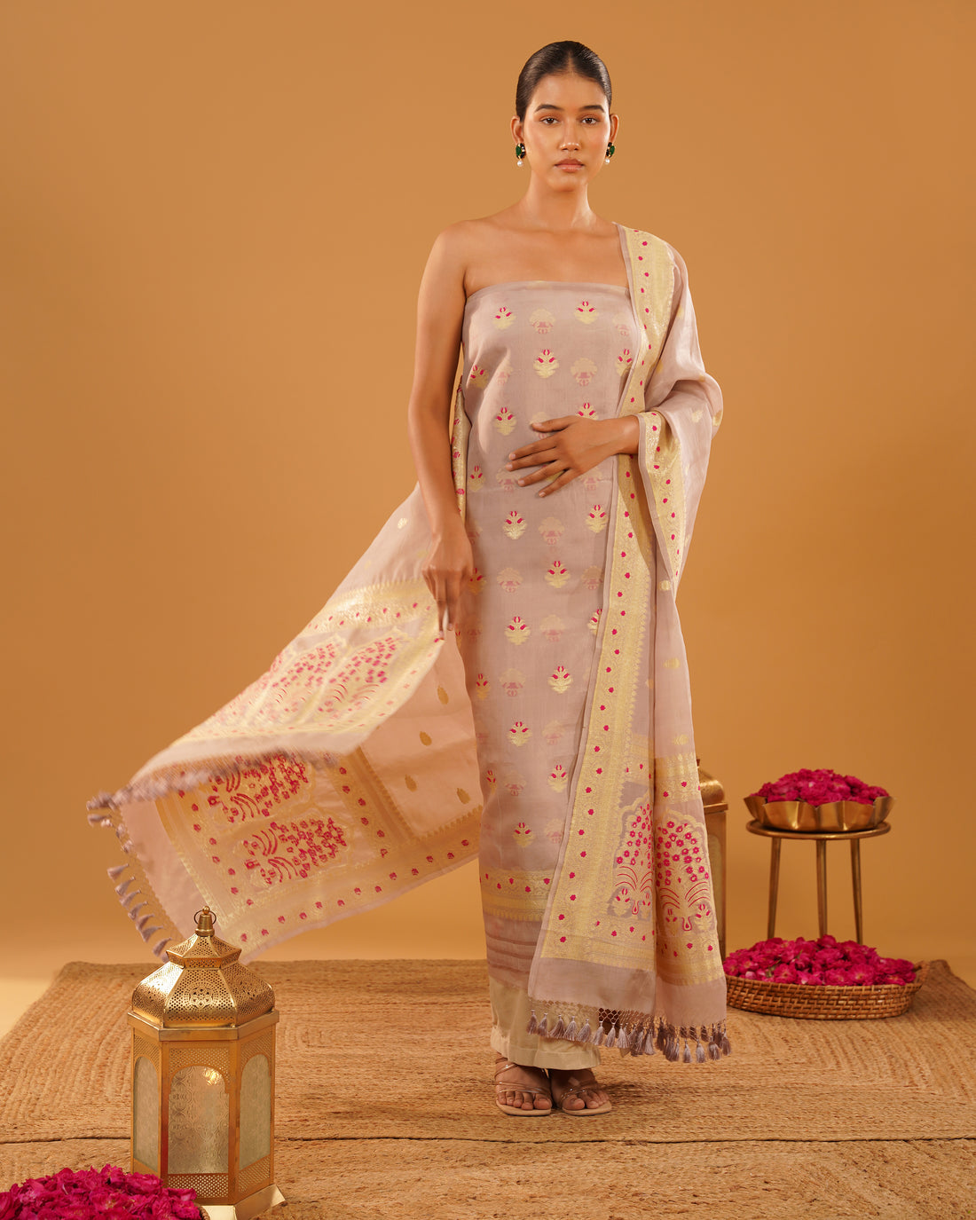 Wardah – Banarasi Organza Kora Silk Suit Set in Blush Rose &amp; Gold
