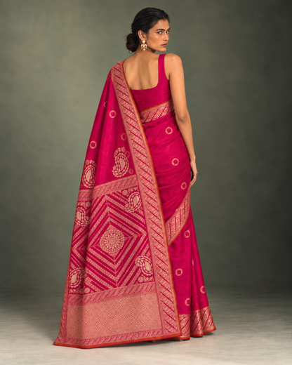 Shafaq – Banarasi Katan Silk Saree in Rani Pink with Kalga Konia Pallu