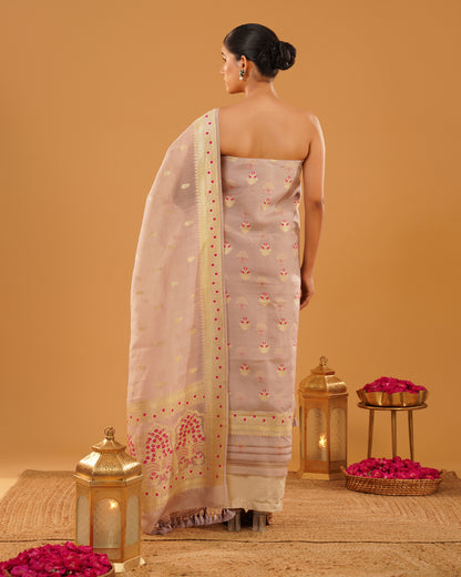 Wardah – Banarasi Organza Kora Silk Suit Set in Blush Rose &amp; Gold