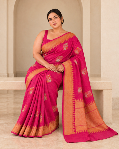 Rangrez – Pure Tussar Silk Saree in Rani Pink with Temple Border