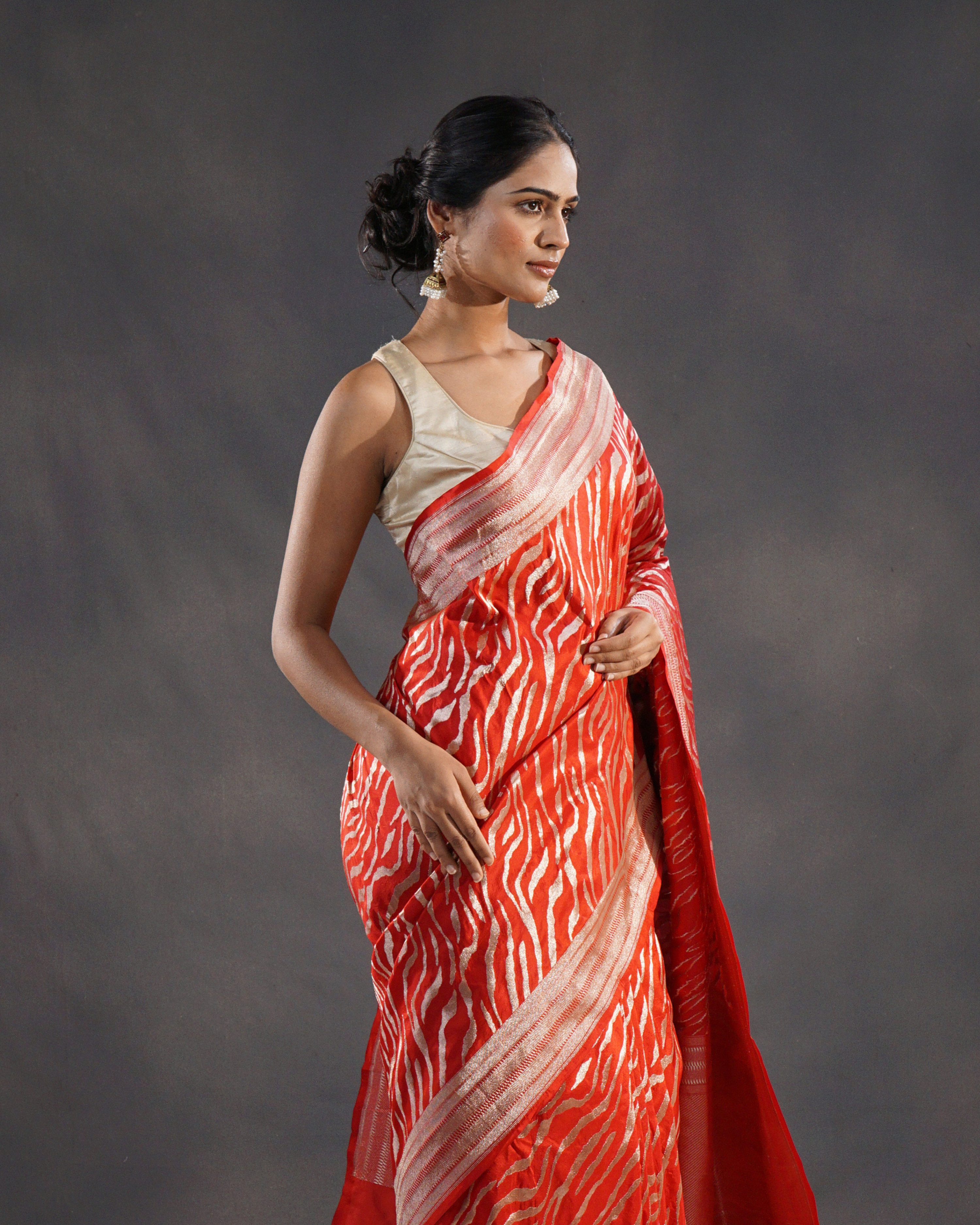 Aatishi – Banarasi Silk Saree in Red with Zigzag Zari Weave