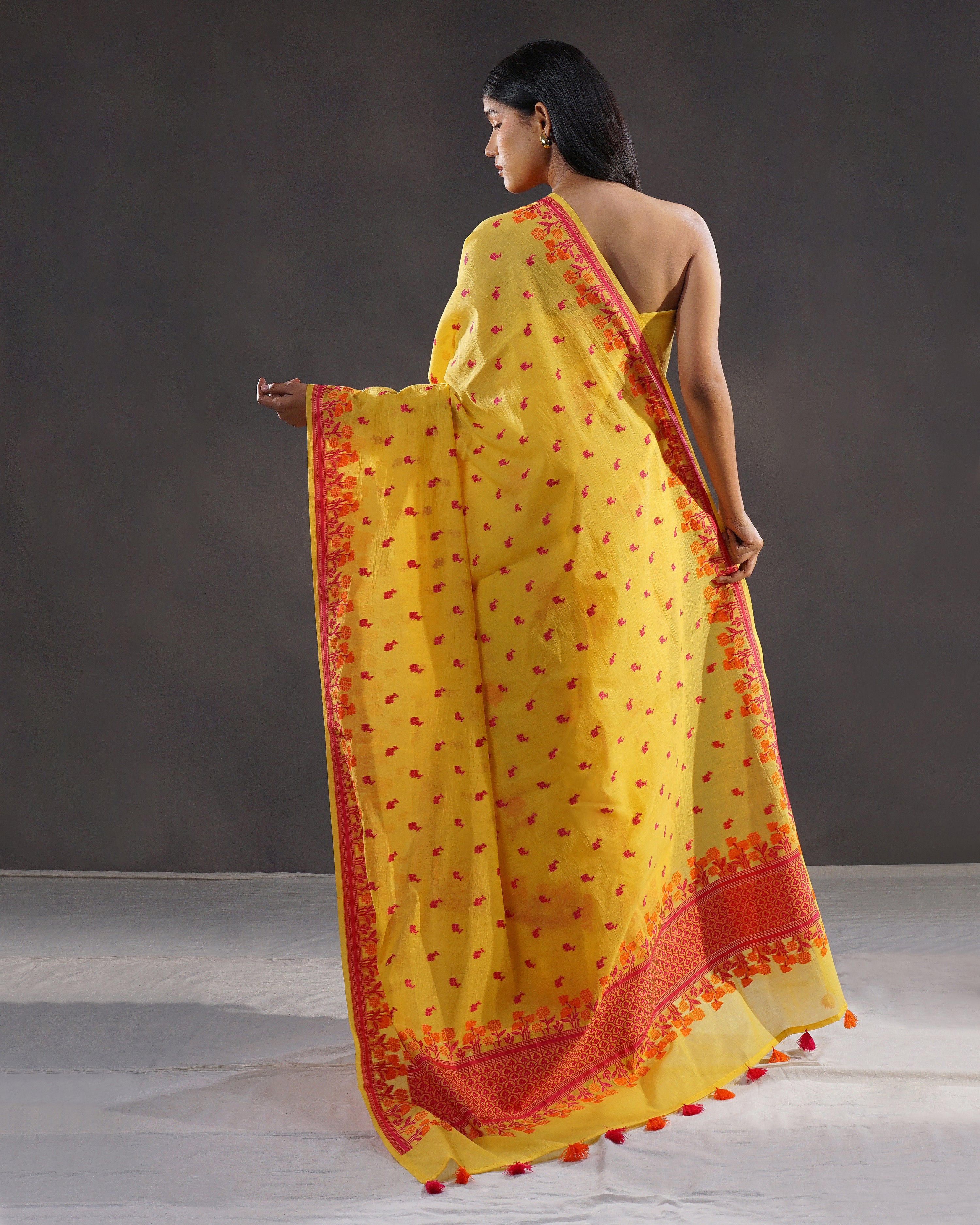 Amaltas – Banarasi Pure Cotton Suit Set in Marigold Yellow with Meenakari Buti