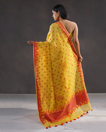 Amaltas – Banarasi Pure Cotton Suit Set in Marigold Yellow with Meenakari Buti