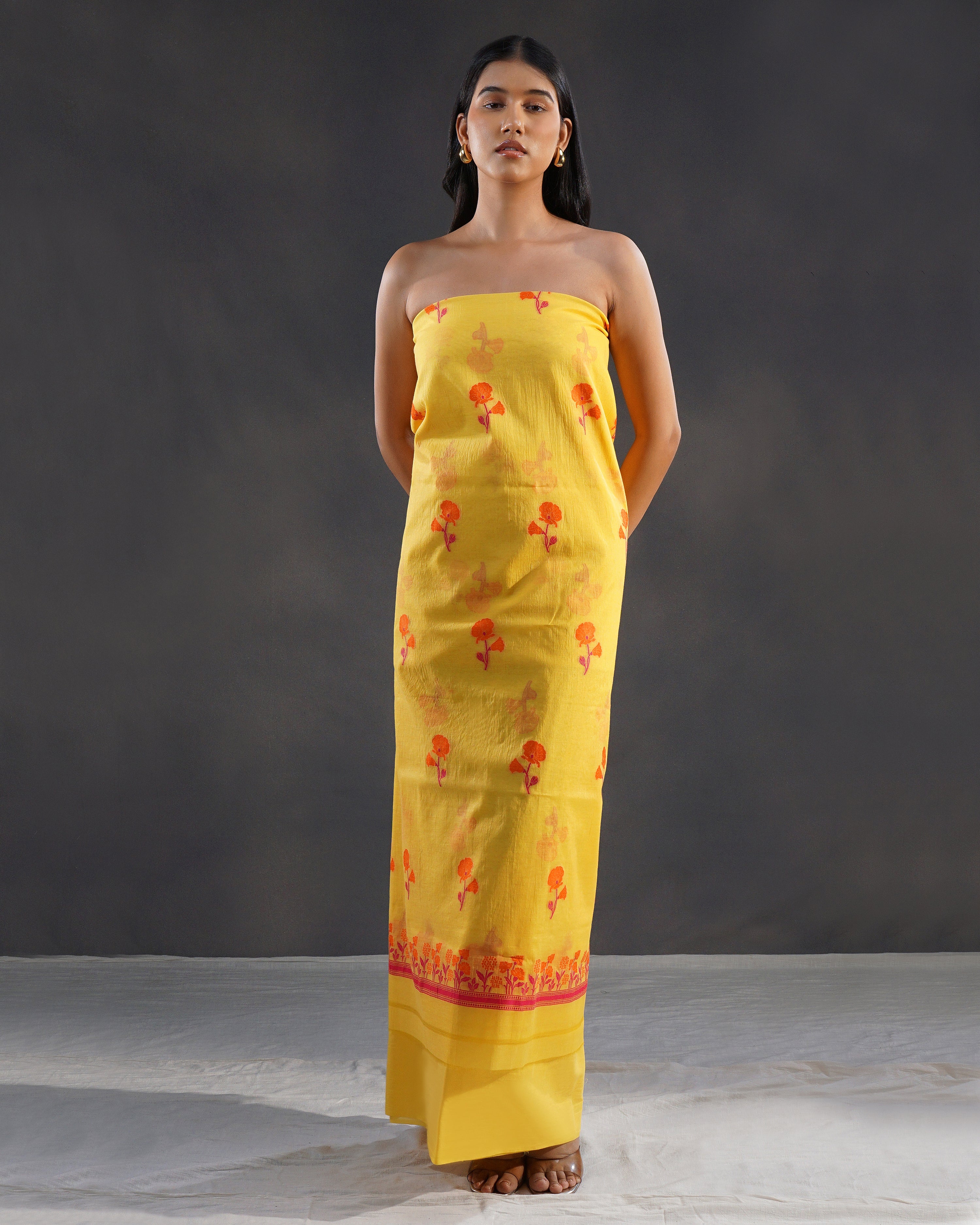 Amaltas – Banarasi Pure Cotton Suit Set in Marigold Yellow with Meenakari Buti