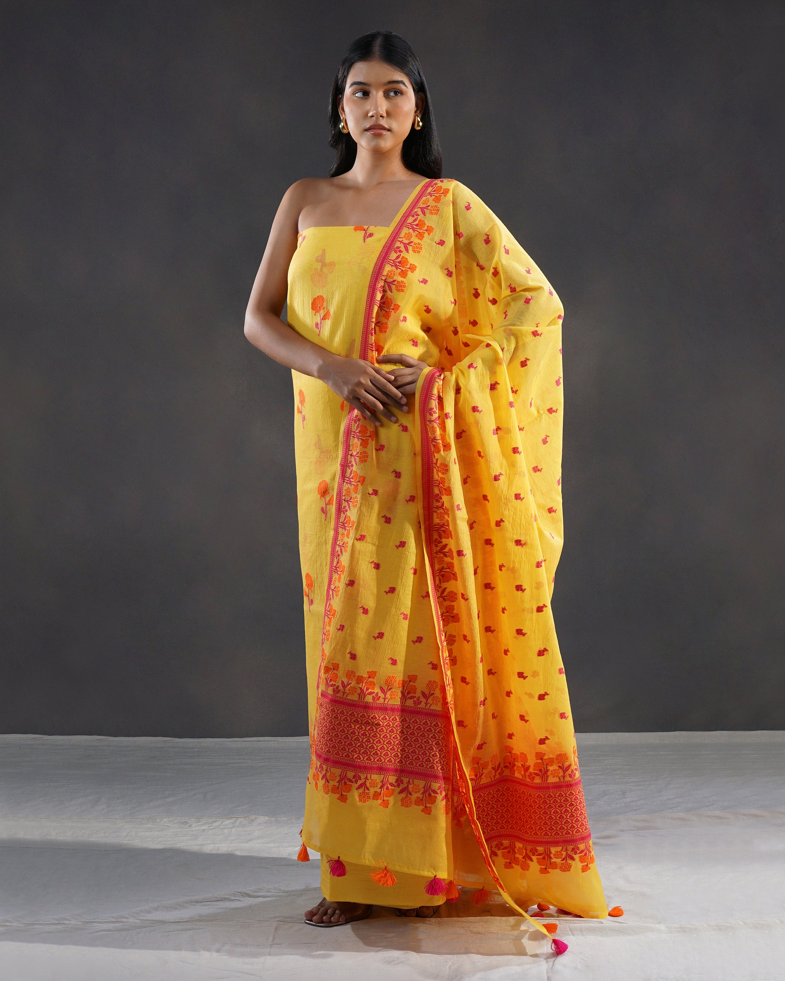 Amaltas – Banarasi Pure Cotton Suit Set in Marigold Yellow with Meenakari Buti