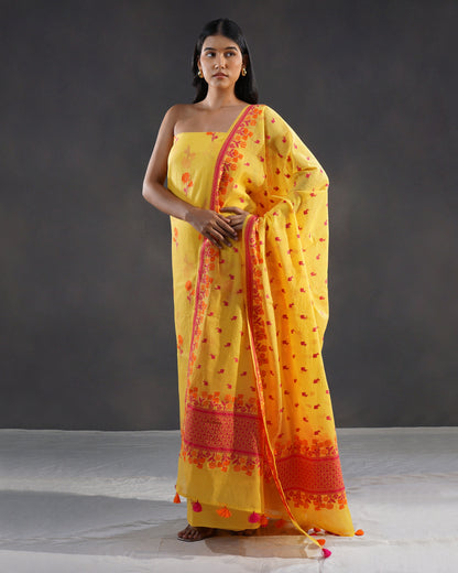 Amaltas – Banarasi Pure Cotton Suit Set in Marigold Yellow with Meenakari Buti