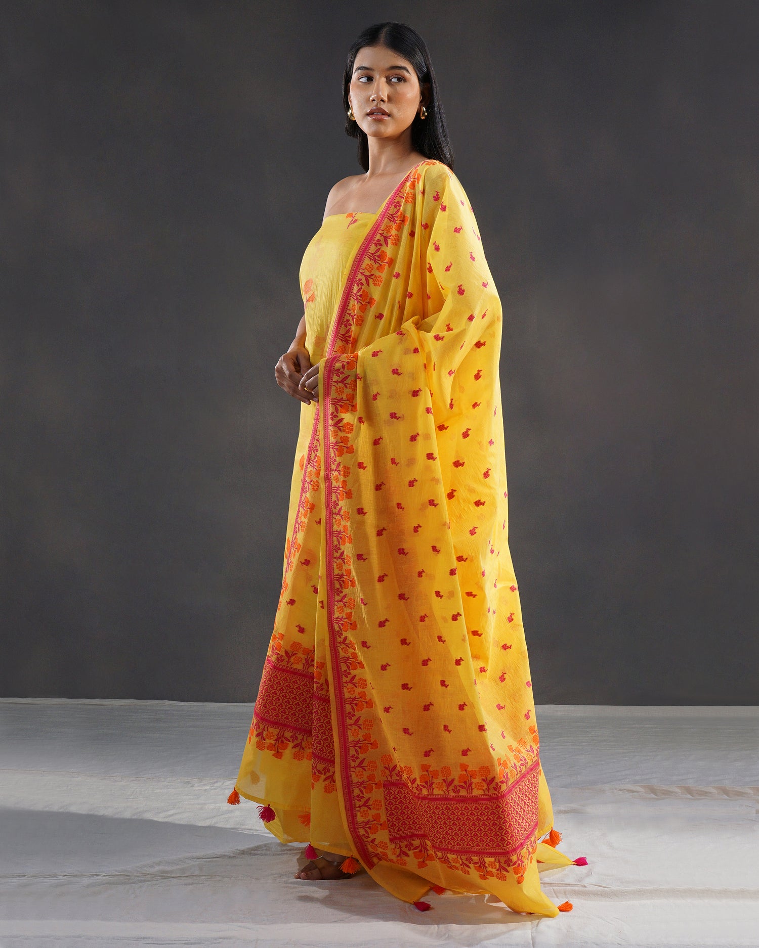 Amaltas – Banarasi Pure Cotton Suit Set in Marigold Yellow with Meenakari Buti