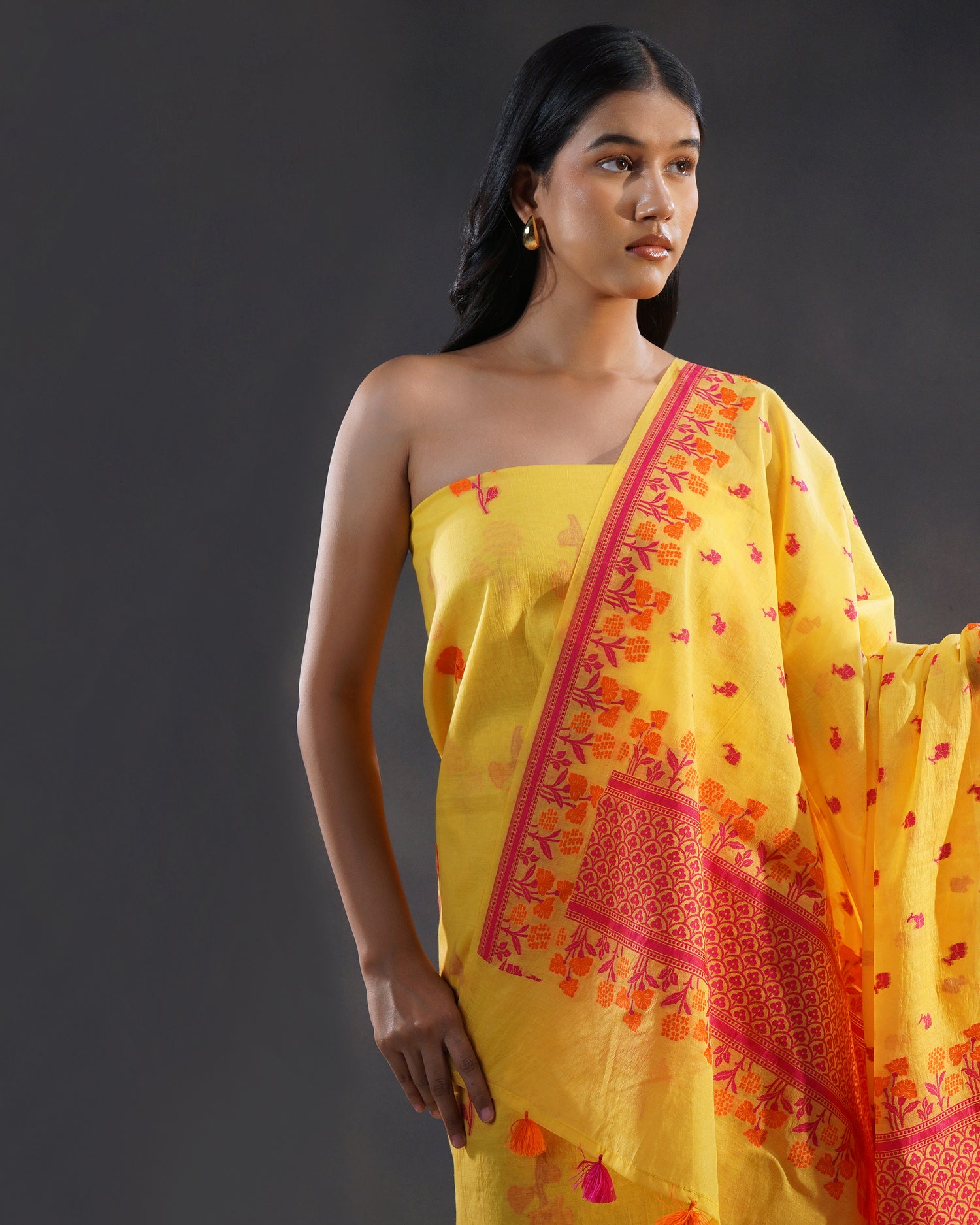 Amaltas – Banarasi Pure Cotton Suit Set in Marigold Yellow with Meenakari Buti