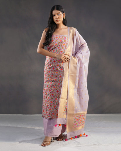 Yasmin Mauve – Banarasi Pure Cotton Suit Set in Mauve Lilac with Gold Patola Dupatta