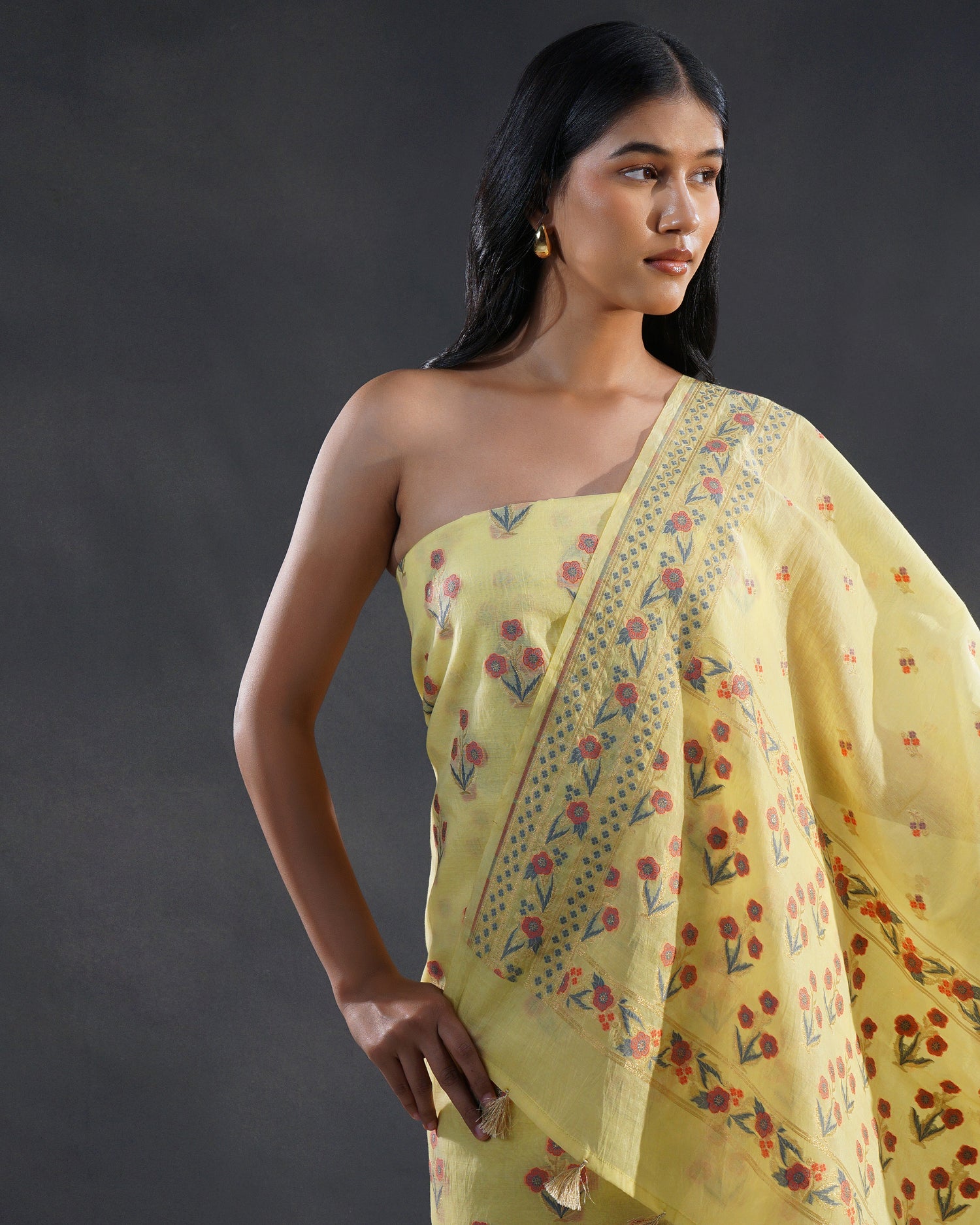 Sunehri – Banarasi Pure Cotton Suit Set in Lemon Yellow with Meenakari Buti