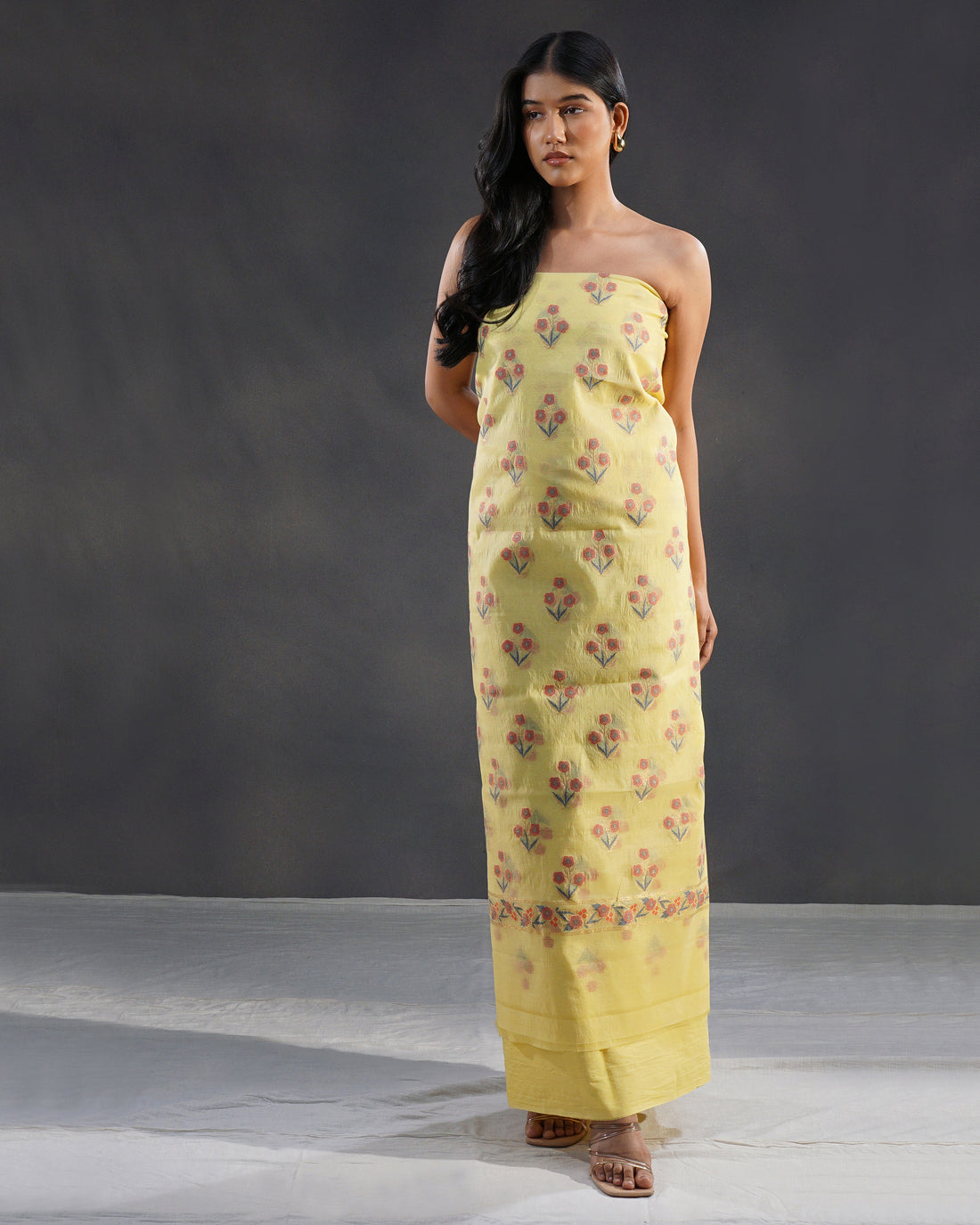 Sunehri – Banarasi Pure Cotton Suit Set in Lemon Yellow with Meenakari Buti