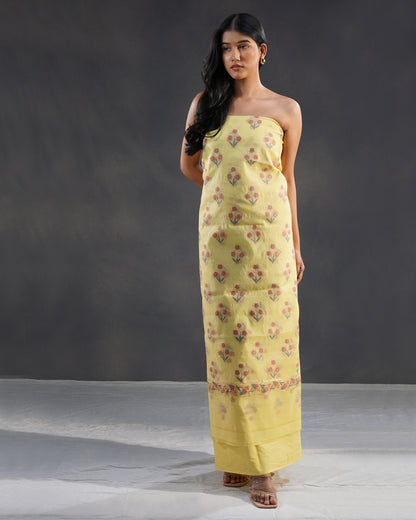 Sunehri – Banarasi Pure Cotton Suit Set in Lemon Yellow with Meenakari Buti
