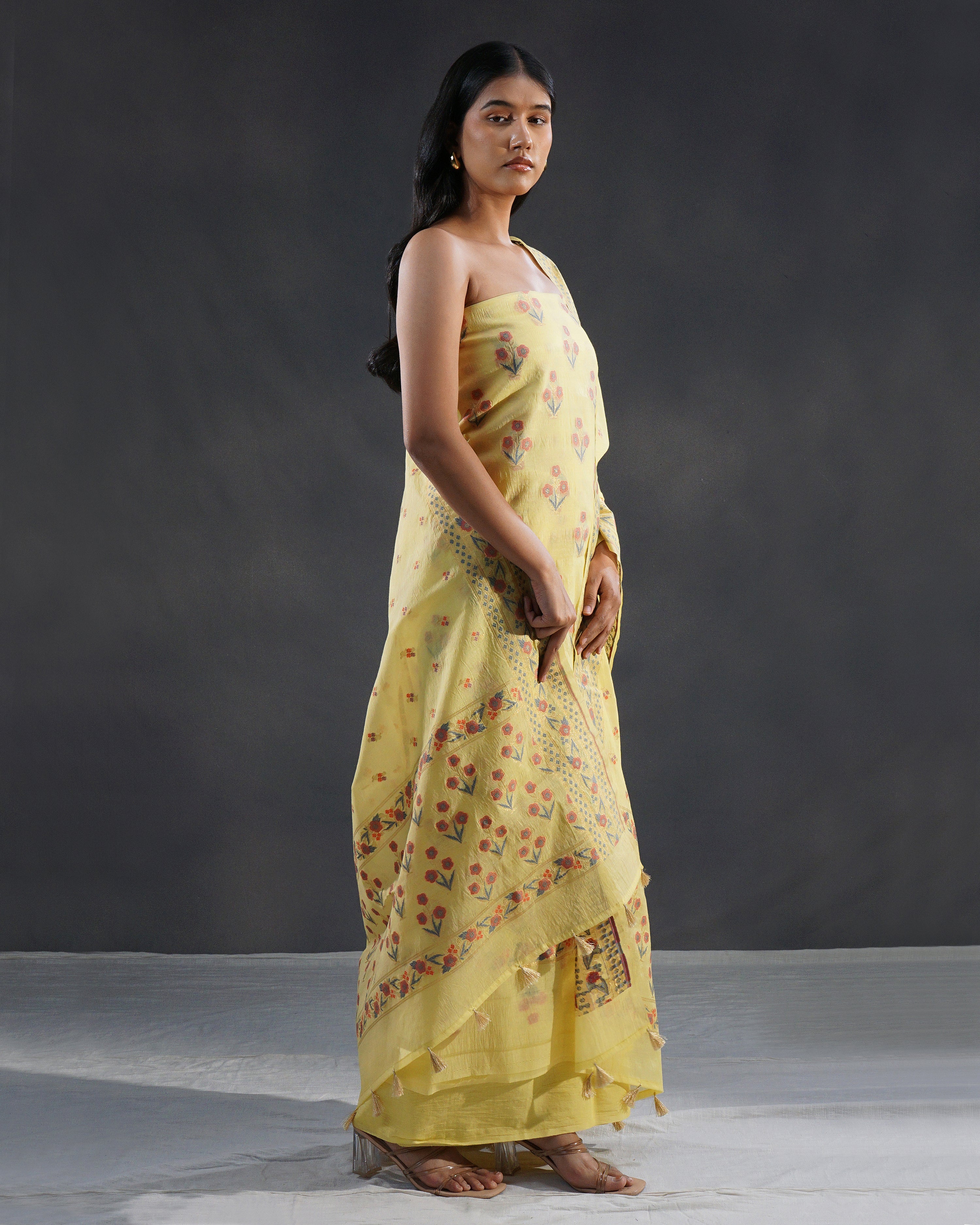 Sunehri – Banarasi Pure Cotton Suit Set in Lemon Yellow with Meenakari Buti