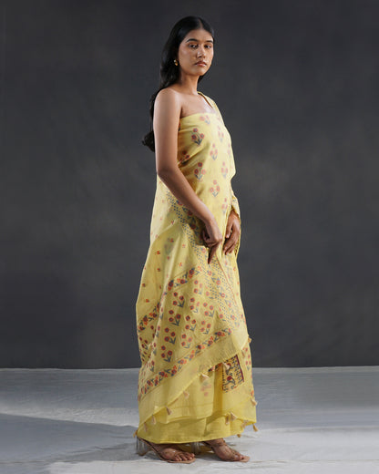 Sunehri – Banarasi Pure Cotton Suit Set in Lemon Yellow with Meenakari Buti