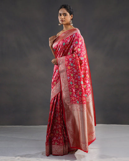 Gulabo – Pure Katan Silk Banarasi Saree in Rani Red with Meenakari Phool Jaal