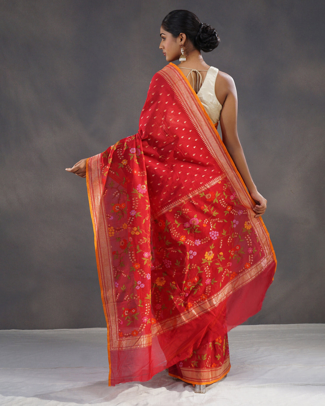 Surkhi – Banarasi Cotton Jamdani Saree in Deep Red with Gold Buti