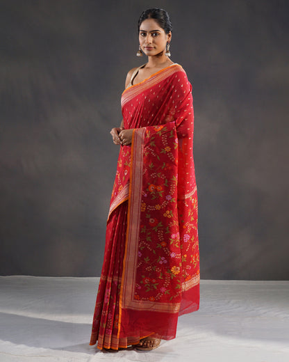 Surkhi – Banarasi Cotton Jamdani Saree in Deep Red with Gold Buti