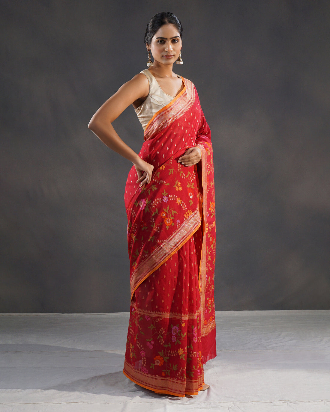 Surkhi – Banarasi Cotton Jamdani Saree in Deep Red with Gold Buti