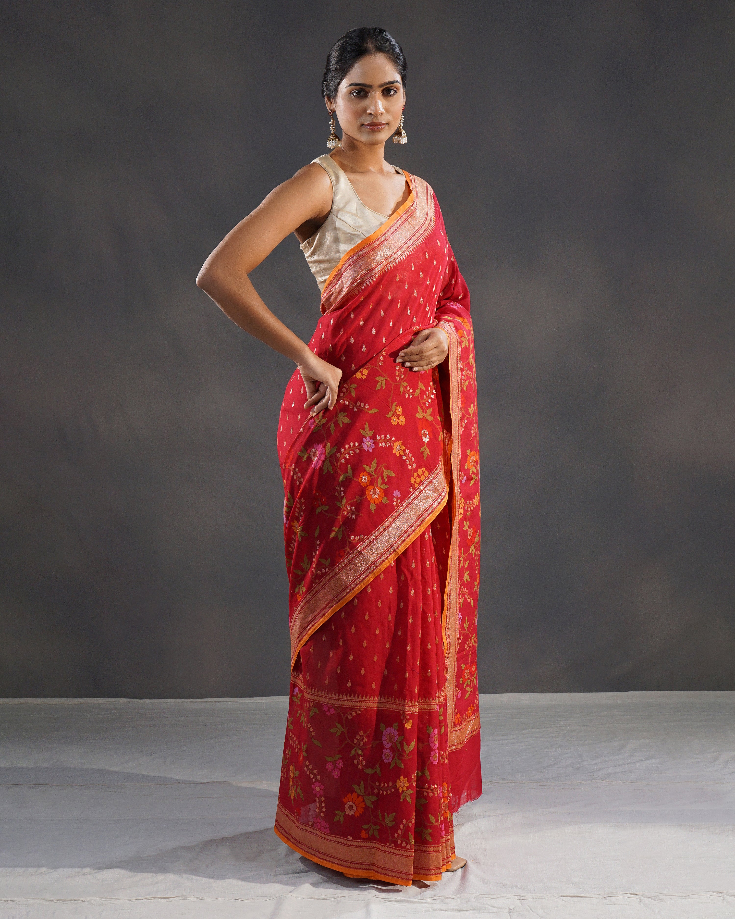 Surkhi – Banarasi Cotton Jamdani Saree in Deep Red with Gold Buti