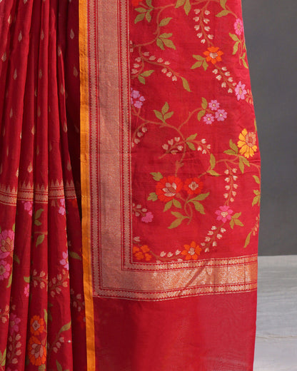 Surkhi – Banarasi Cotton Jamdani Saree in Deep Red with Gold Buti
