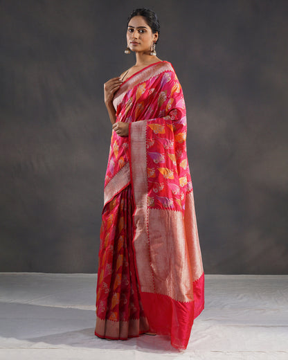 Gulzar – Pure Katan Silk Banarasi Rangkaat Saree in Rani Pink-Red