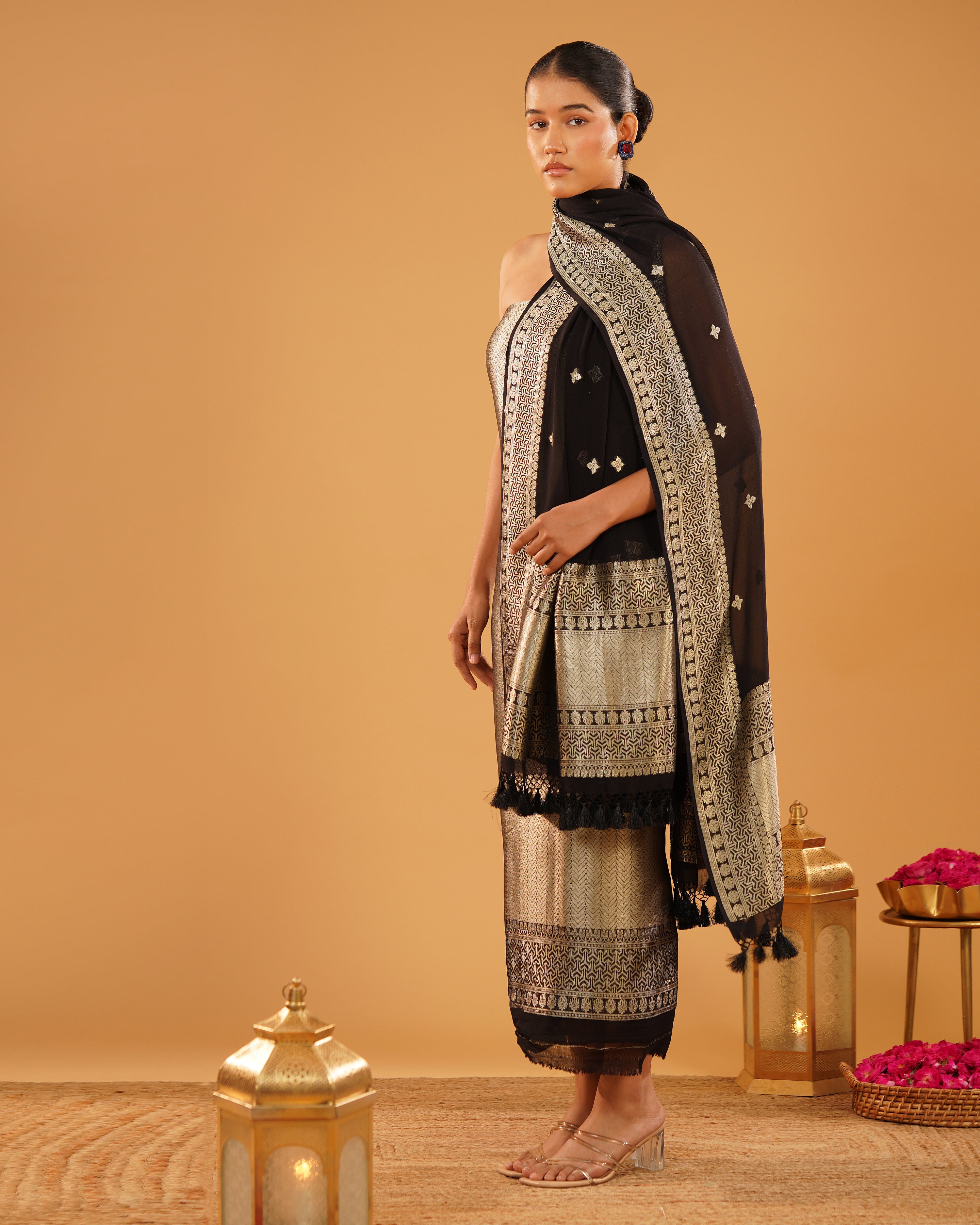 Sabaa – Banarasi Khaddi Silk Suit Set in Black with Sona-Rupa Zari