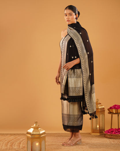 Sabaa – Banarasi Khaddi Silk Suit Set in Black with Sona-Rupa Zari