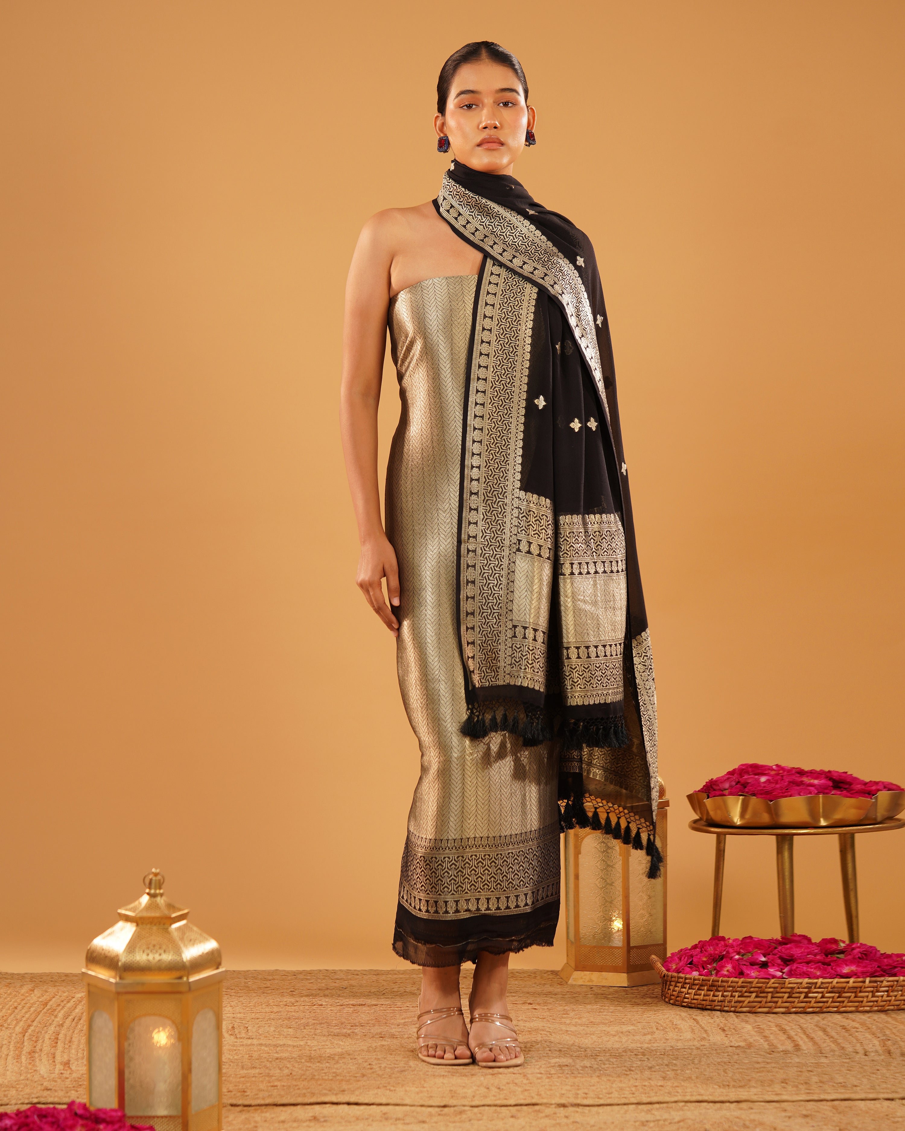Sabaa – Banarasi Khaddi Silk Suit Set in Black with Sona-Rupa Zari