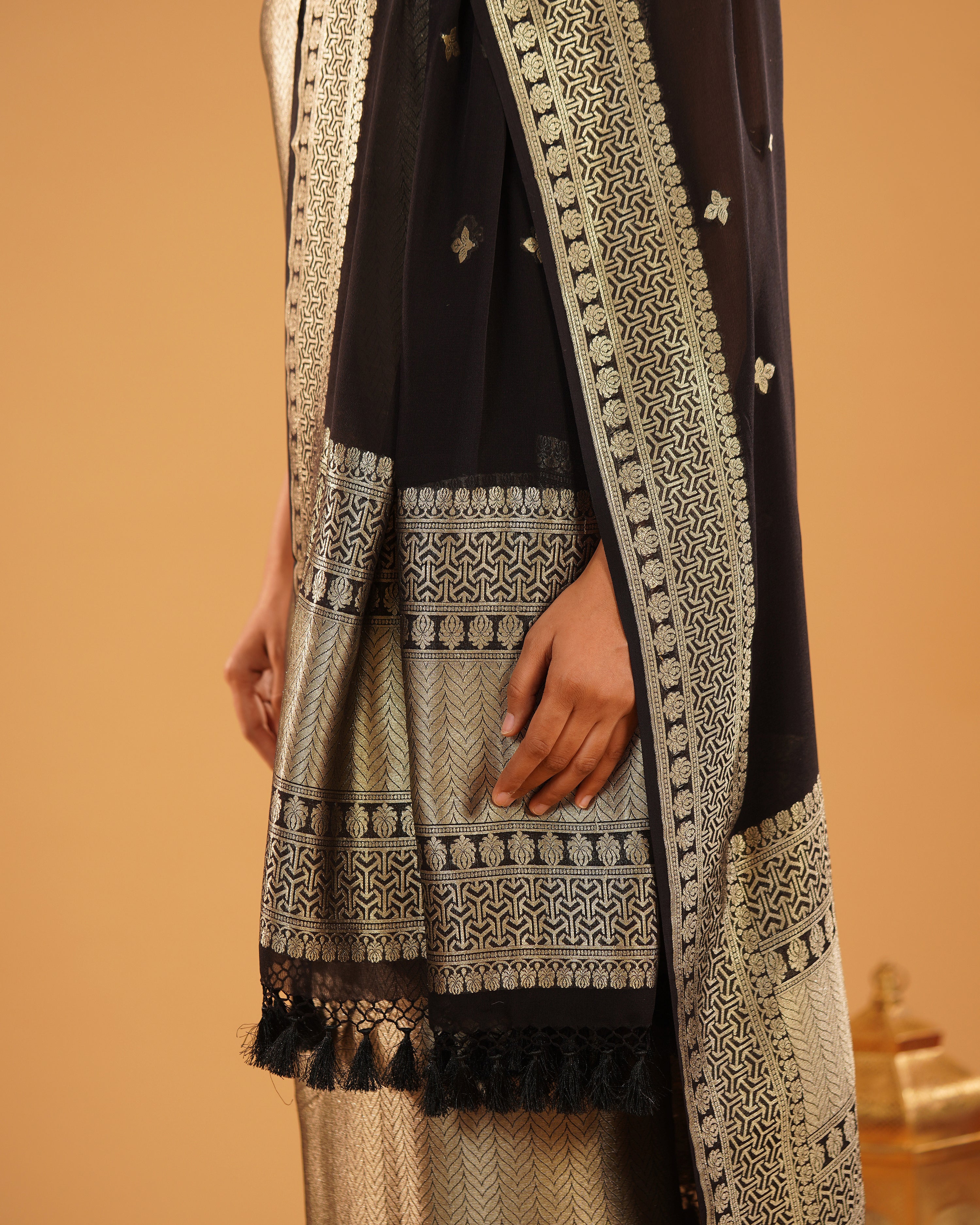 Sabaa – Banarasi Khaddi Silk Suit Set in Black with Sona-Rupa Zari