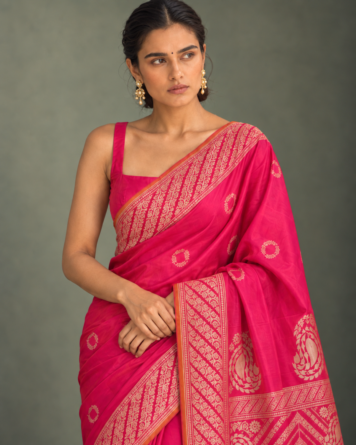 Shafaq – Banarasi Katan Silk Saree in Rani Pink with Kalga Konia Pallu