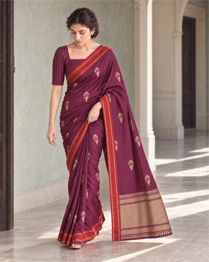 Rangan – Banarasi Pure Silk Saree in Wine with Bootidar