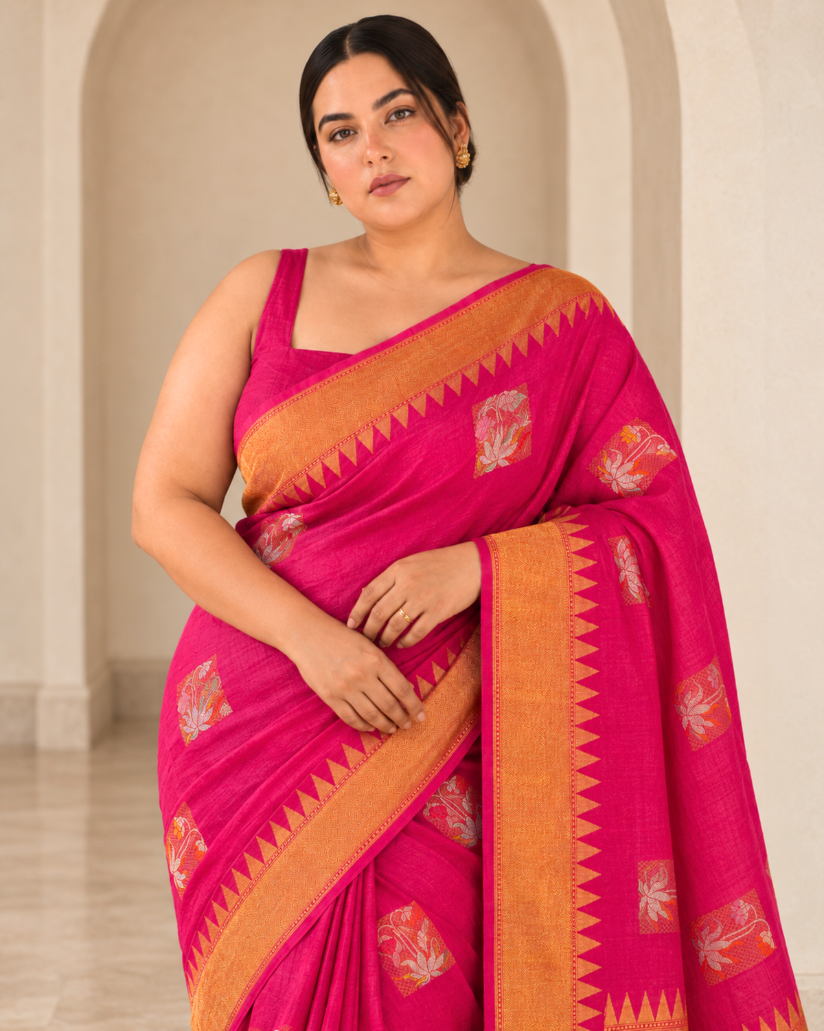 Rangrez – Pure Tussar Silk Saree in Rani Pink with Temple Border