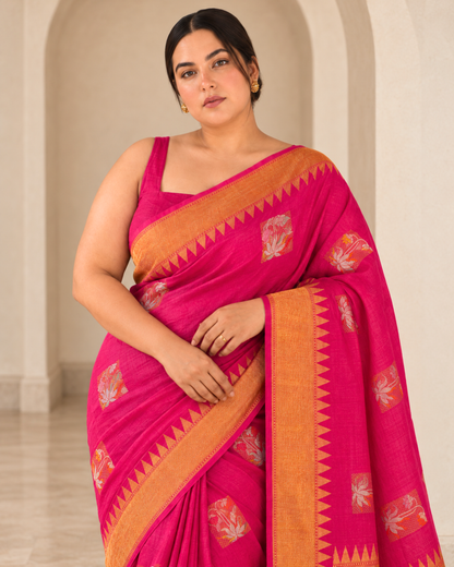 Rangrez – Pure Tussar Silk Saree in Rani Pink with Temple Border
