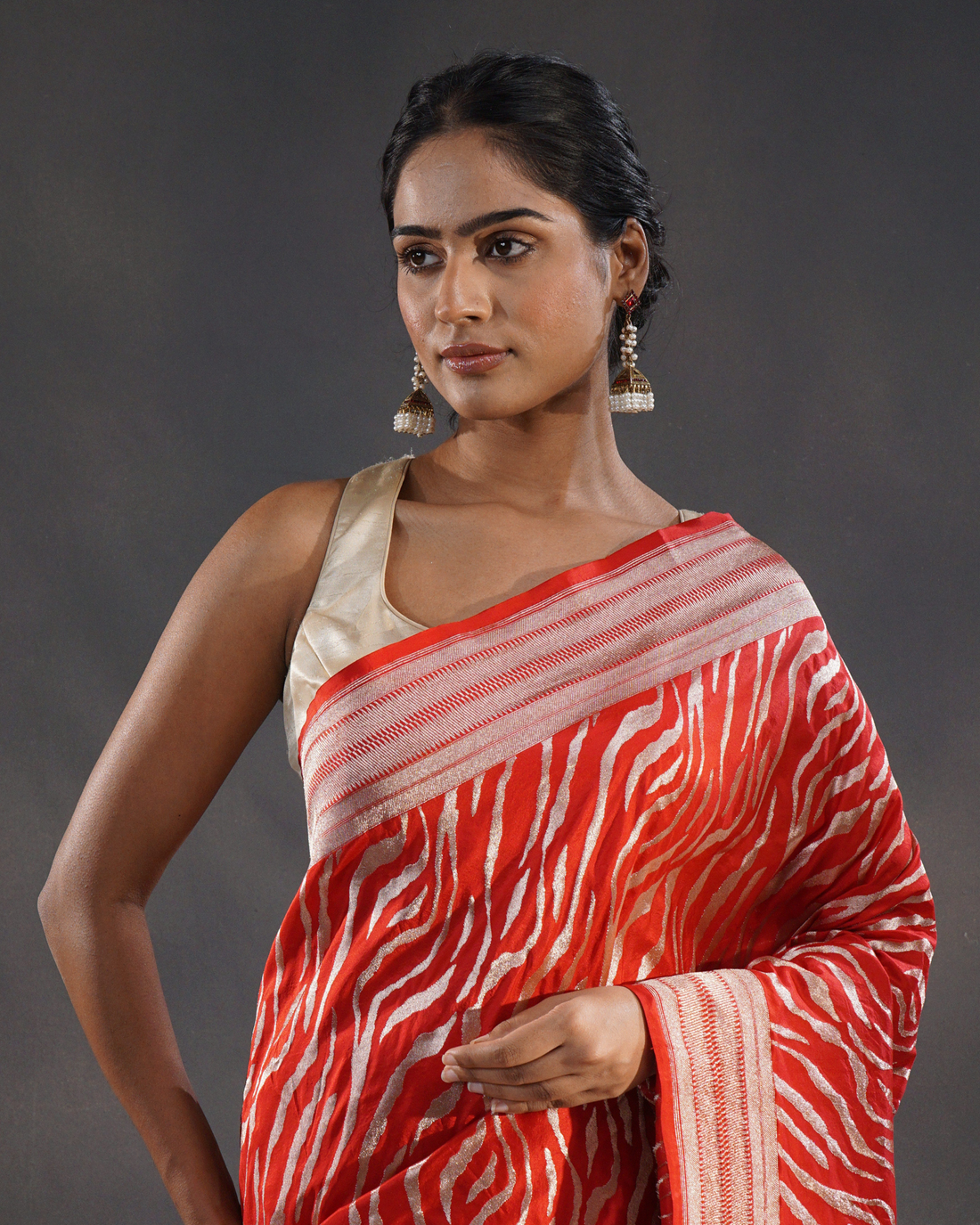 Aatishi – Banarasi Silk Saree in Red with Zigzag Zari Weave