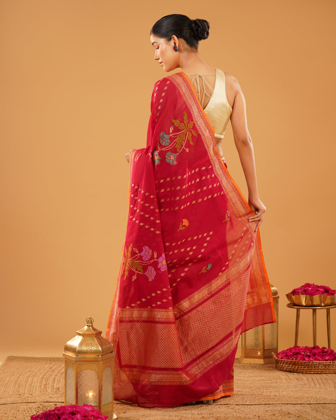 Gulfam – Banarasi Cotton Jamdani Saree in Rani Red with Floral Buti