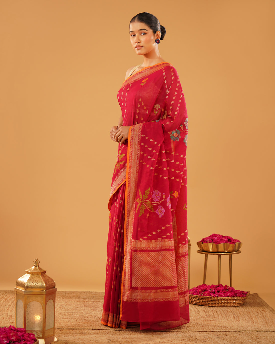 Gulfam – Banarasi Cotton Jamdani Saree in Rani Red with Floral Buti