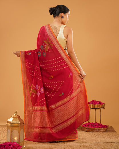 Gulfam – Banarasi Cotton Jamdani Saree in Rani Red with Floral Buti