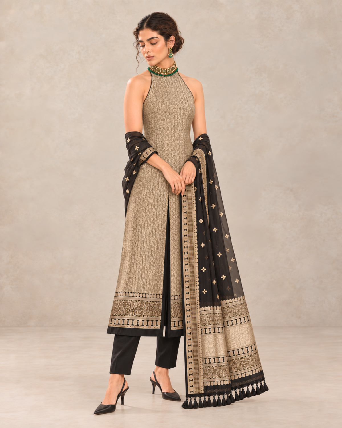 Sabaa – Banarasi Khaddi Silk Suit Set in Black with Sona-Rupa Zari