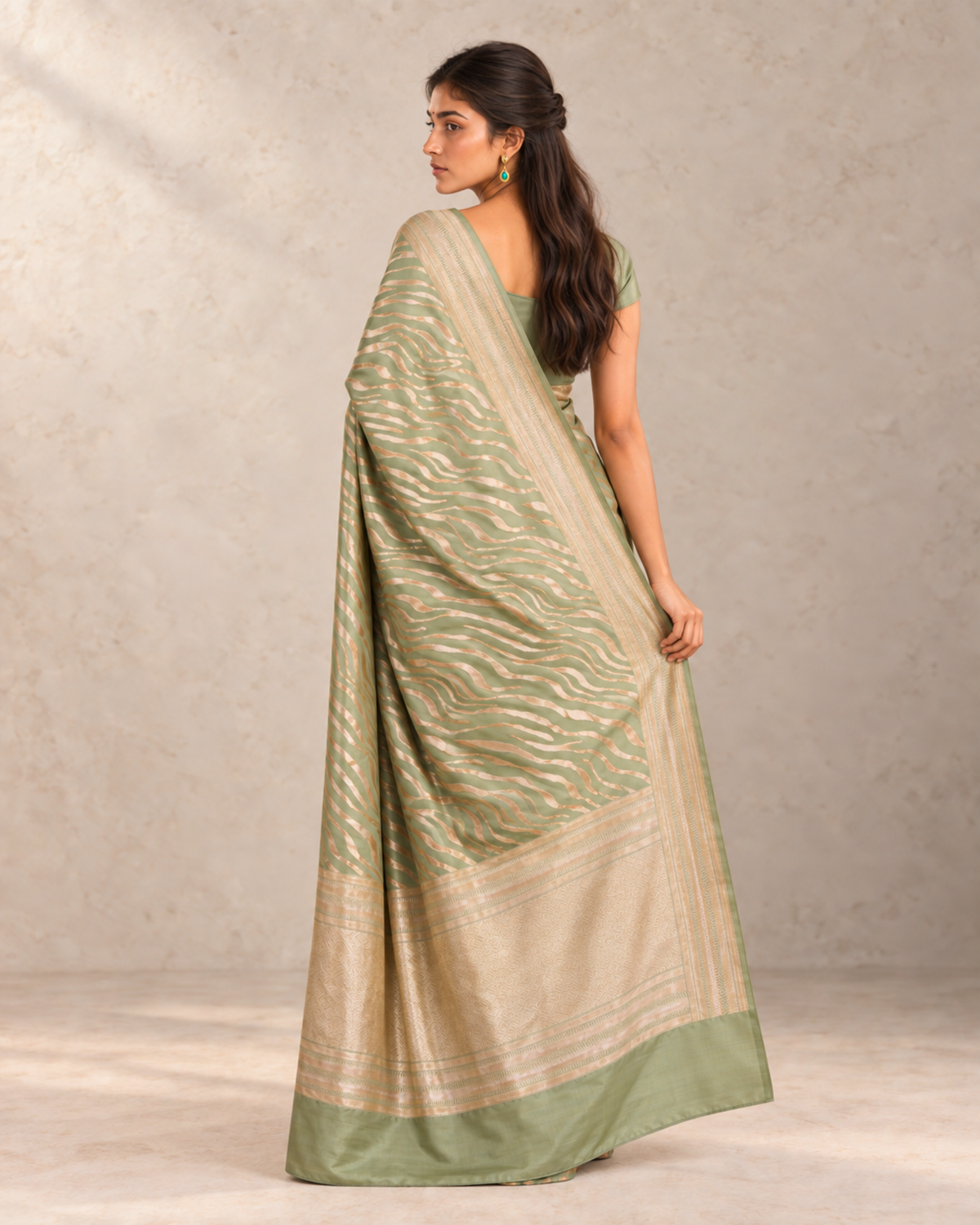 Sabzwari – Pure Katan Silk Banarasi Saree in Sage Green Leheriya Zari